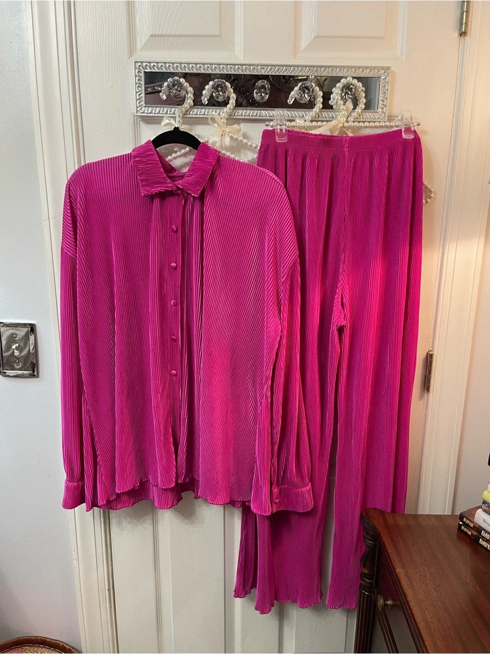 Women's Fuchsia Pleated Button-Up Top & Wide Leg Pants Set